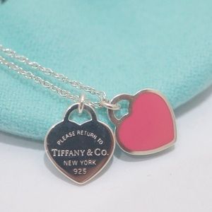 Tiffany & Co. Sterling Silver Pink Enamel Mini Heart Pendant Necklace 16-18"